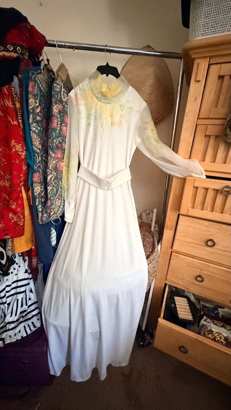 Vintage 1970s Floral Chiffon Long Sleeve Wedding Maxi Dress